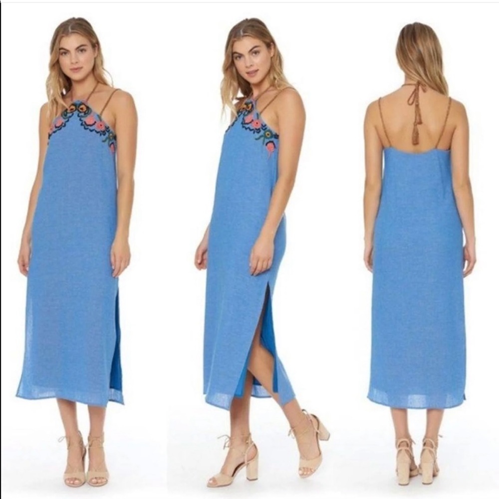 RED CARTER Chambray Bay Midi Embroidered Halter Dress S